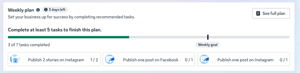 Meta Business Suite Weekly Plan Progress Tracker showing 5 of 7 tasks completed for maximum reach